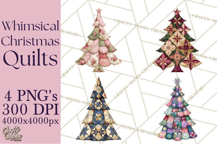 Whimsical Quilted Christmas Trees PNG, Bright Christmas example image 1