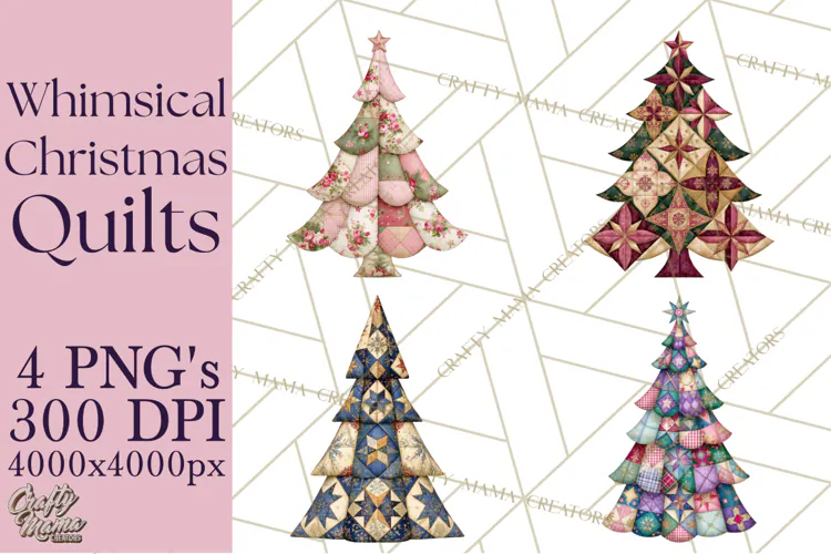 Whimsical Quilted Christmas Trees PNG, Bright Christmas