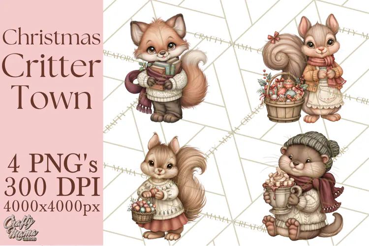 Christmas Critter Town Clipart PNG, Winter Holiday Town