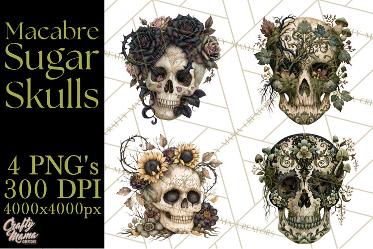 Macabre Sugar Skull Halloween Clipart PNG example image 1