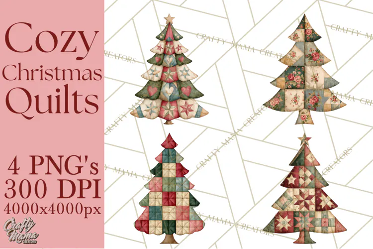 Quilted Christmas Trees PNG, Vintage Christmas Trees