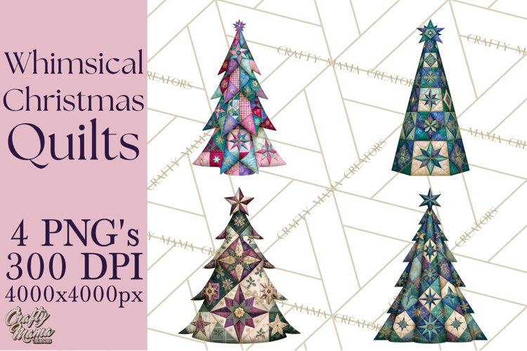Whimsical Quilted Christmas Trees PNG, Bright Christmas example image 1
