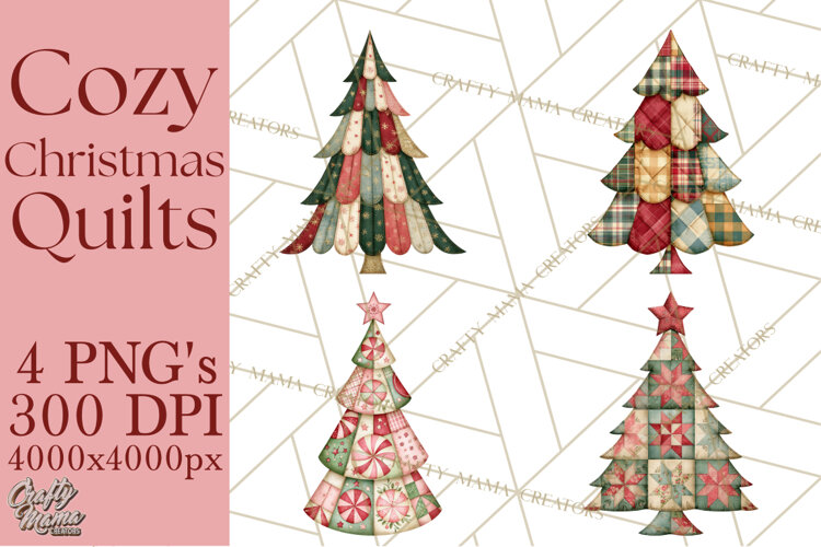 Quilted Christmas Trees PNG, Vintage Christmas Trees example image 1