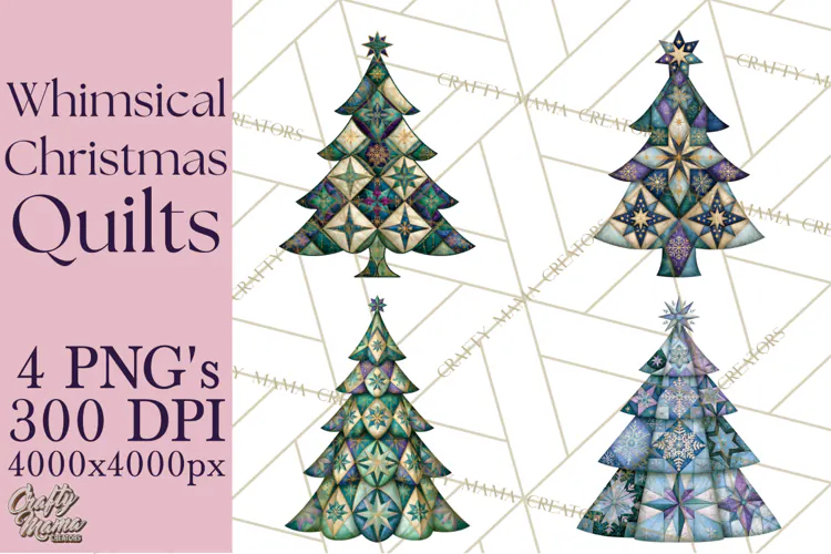 Whimsical Quilted Christmas Trees PNG, Bright Christmas