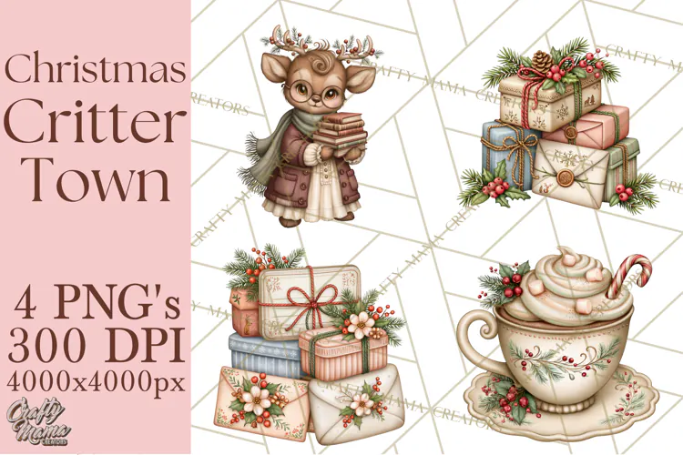 Christmas Critter Town Clipart PNG, Winter Holiday Town