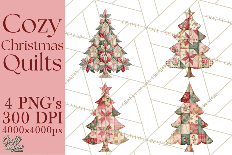 Quilted Christmas Trees PNG, Vintage Christmas Trees