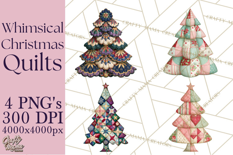 Whimsical Quilted Christmas Trees PNG, Bright Christmas example image 1
