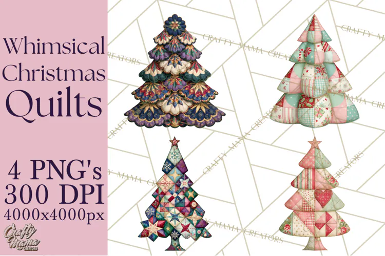 Whimsical Quilted Christmas Trees PNG, Bright Christmas