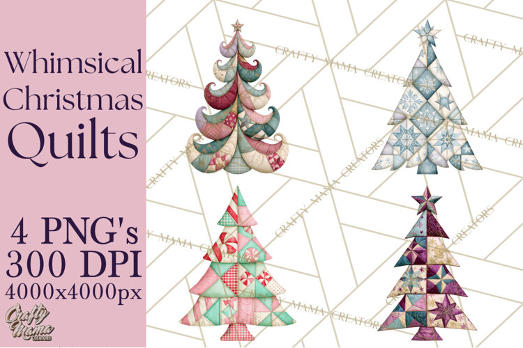 Whimsical Quilted Christmas Trees PNG, Bright Christmas example image 1