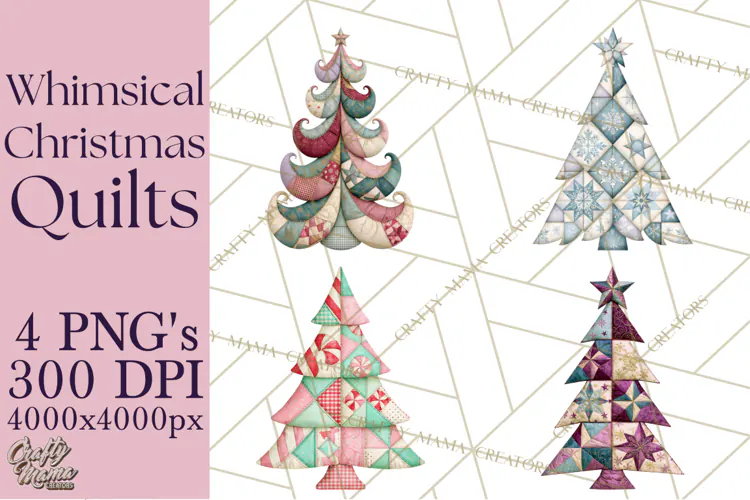 Whimsical Quilted Christmas Trees PNG, Bright Christmas