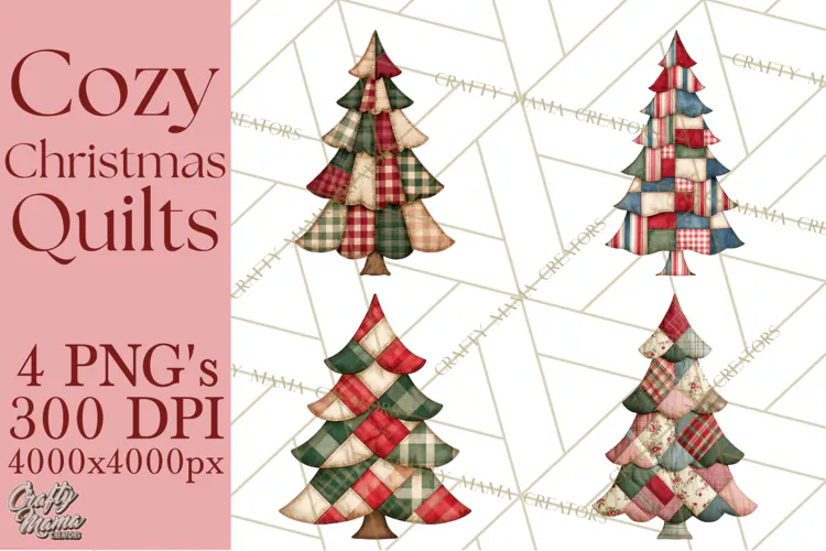 Quilted Christmas Trees PNG, Vintage Christmas Trees