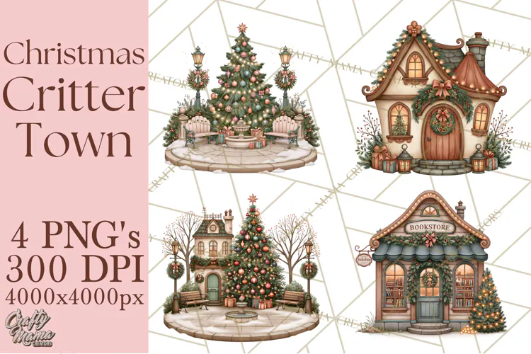 Christmas Critter Town Clipart PNG, Winter Holiday Town