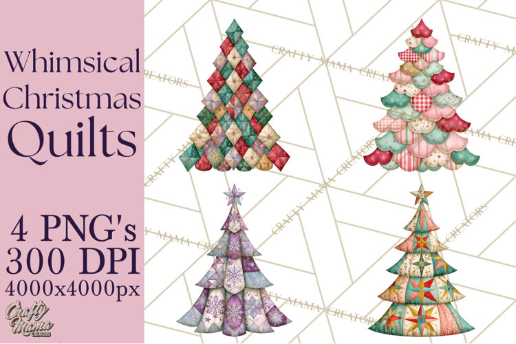 Whimsical Quilted Christmas Trees PNG, Bright Christmas example image 1