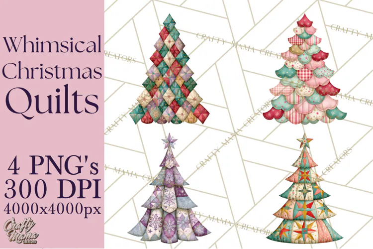 Whimsical Quilted Christmas Trees PNG, Bright Christmas