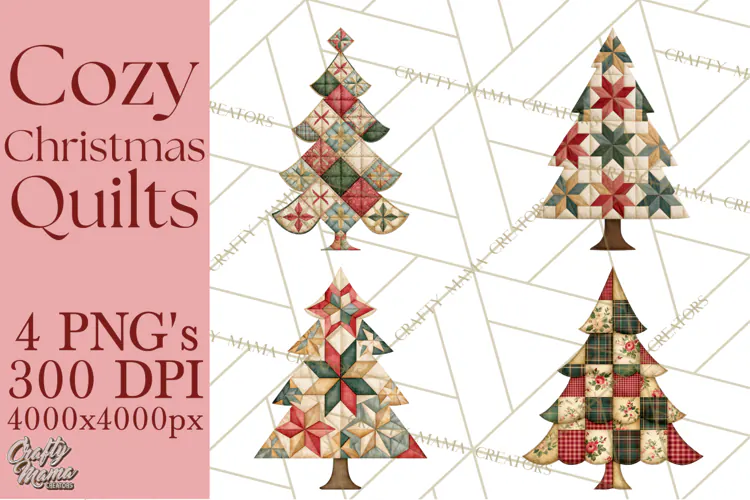Quilted Christmas Trees PNG, Vintage Christmas Trees