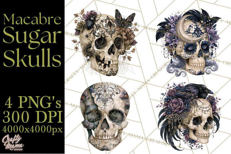 Macabre Sugar Skull Halloween Clipart PNG example image 1