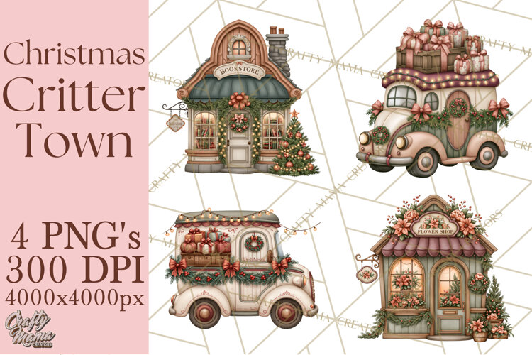 Christmas Critter Town Clipart PNG, Winter Holiday Town example image 1