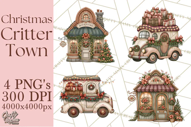 Christmas Critter Town Clipart PNG, Winter Holiday Town