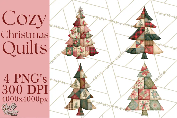 Quilted Christmas Trees PNG, Vintage Christmas Trees