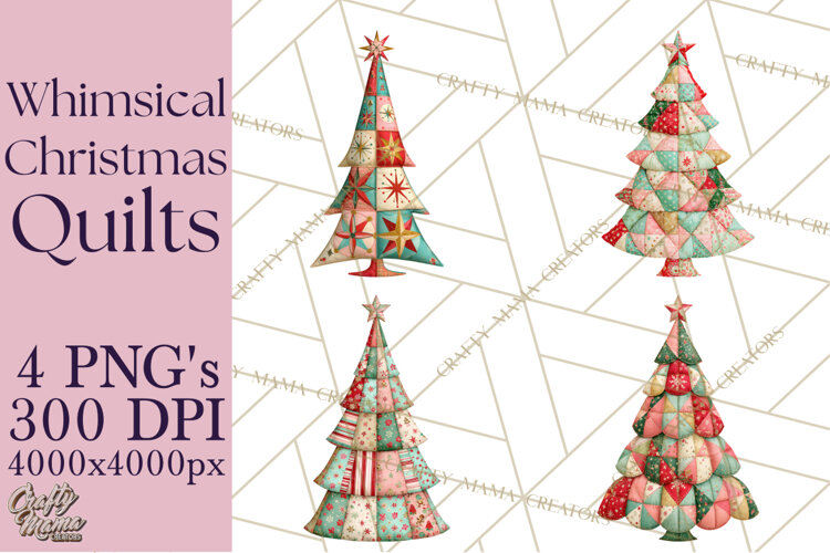 Whimsical Quilted Christmas Trees PNG, Bright Christmas example image 1