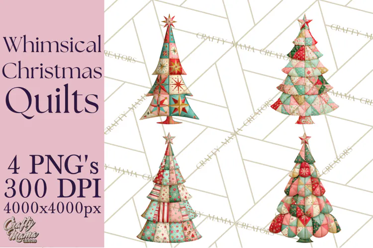 Whimsical Quilted Christmas Trees PNG, Bright Christmas
