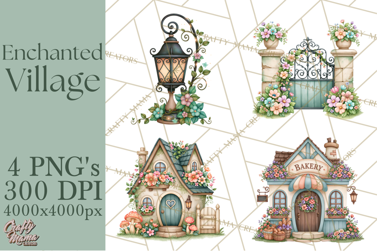 Enchanted Village Clipart PNG, Cozy Cottage Town