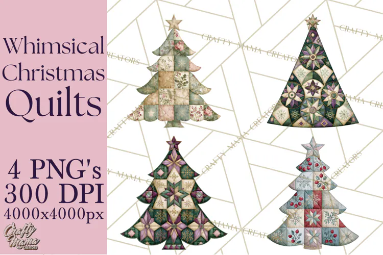 Whimsical Quilted Christmas Trees PNG, Bright Christmas