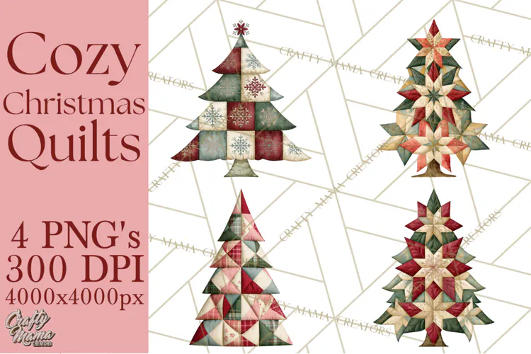 Quilted Christmas Trees PNG, Vintage Christmas Trees