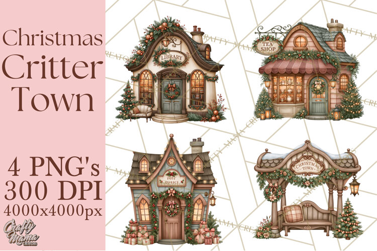 Christmas Critter Town Clipart PNG, Winter Holiday Town example image 1