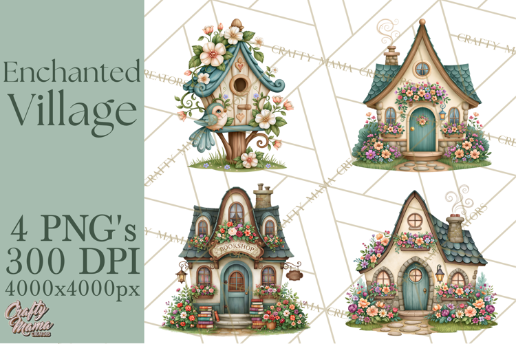 Enchanted Village Clipart PNG, Cozy Cottage Town