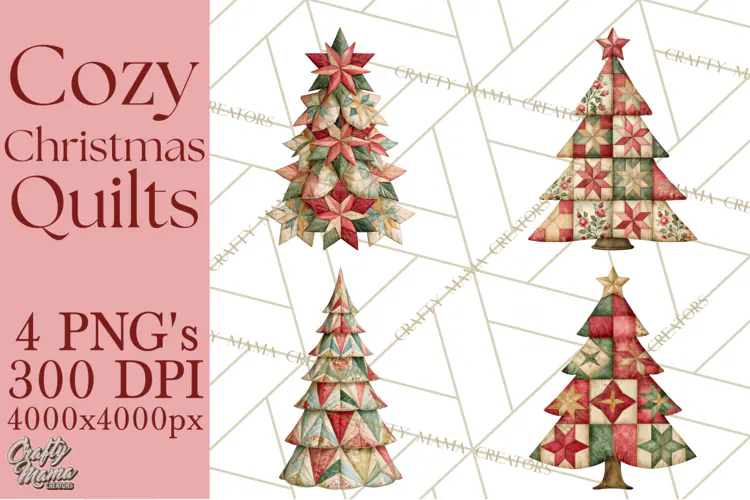 Quilted Christmas Trees PNG, Vintage Christmas Trees