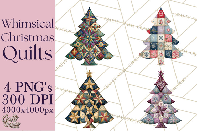 Whimsical Quilted Christmas Trees PNG, Bright Christmas example image 1