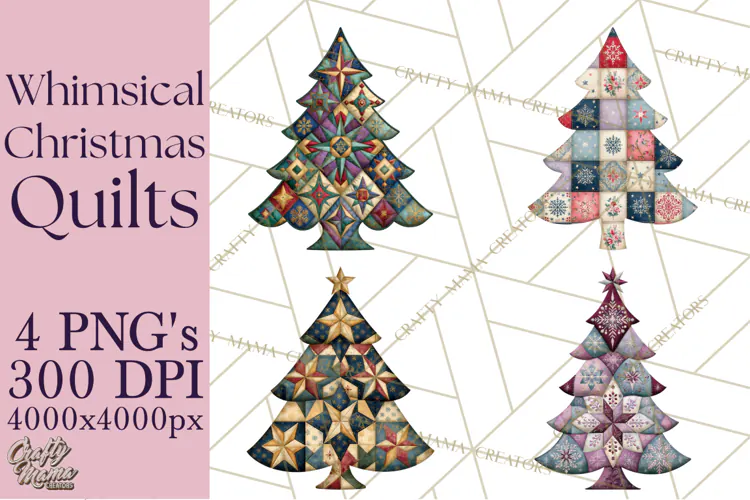 Whimsical Quilted Christmas Trees PNG, Bright Christmas
