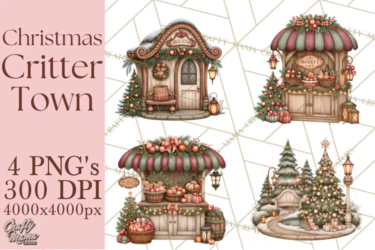 Christmas Critter Town Clipart PNG, Winter Holiday Town