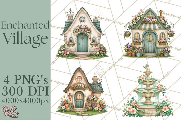 Enchanted Village Clipart PNG, Cozy Cottage Town