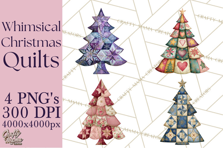 Whimsical Quilted Christmas Trees PNG, Bright Christmas example image 1