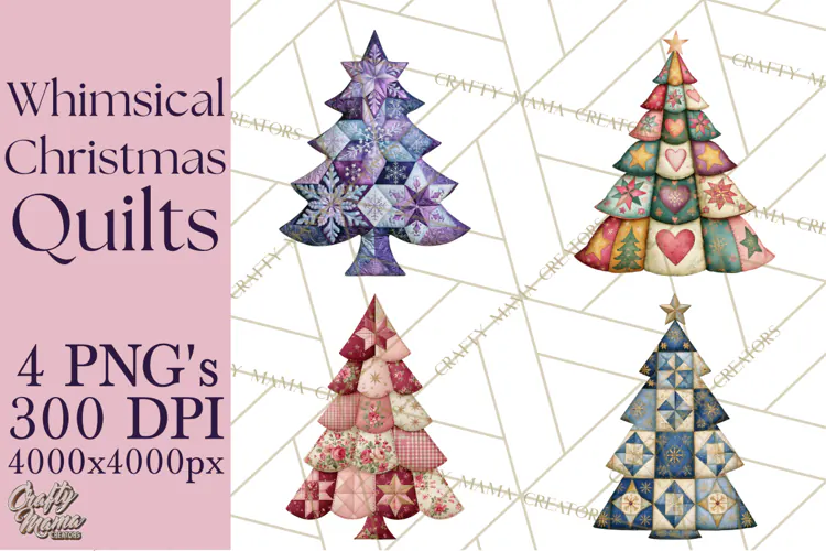 Whimsical Quilted Christmas Trees PNG, Bright Christmas