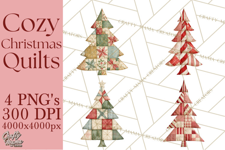 Quilted Christmas Trees PNG, Vintage Christmas Trees example image 1