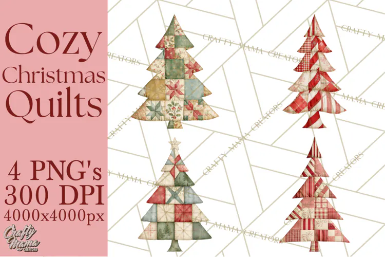 Quilted Christmas Trees PNG, Vintage Christmas Trees