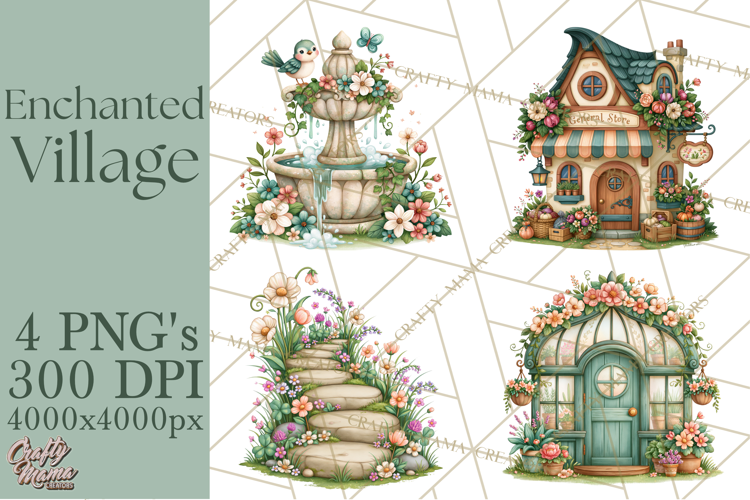 Enchanted Village Clipart PNG, Cozy Cottage Town