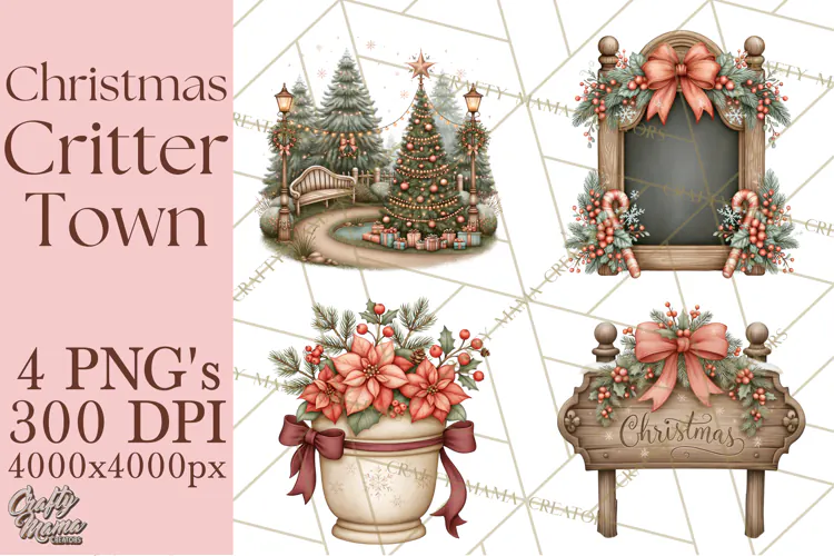 Christmas Critter Town Clipart PNG, Winter Holiday Town