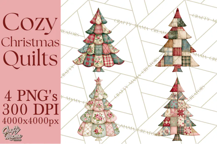 Quilted Christmas Trees PNG, Vintage Christmas Trees