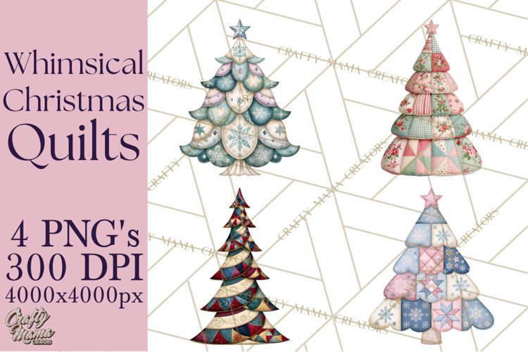 Whimsical Quilted Christmas Trees PNG, Bright Christmas example image 1