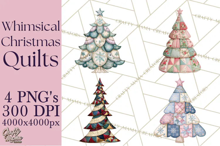 Whimsical Quilted Christmas Trees PNG, Bright Christmas