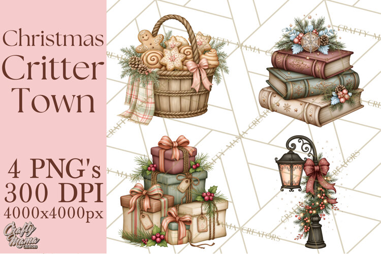 Christmas Critter Town Clipart PNG, Winter Holiday Town example image 1