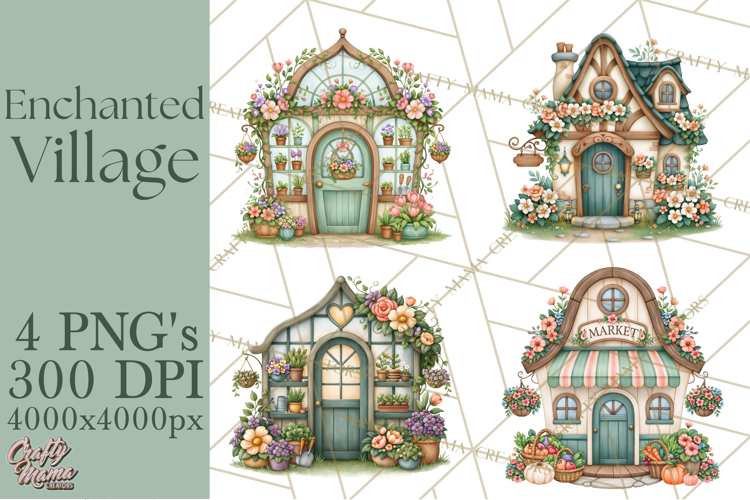 Enchanted Village Clipart PNG, Cozy Cottage Town