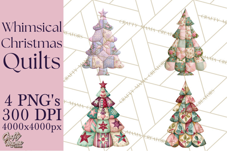 Whimsical Quilted Christmas Trees PNG, Bright Christmas example image 1