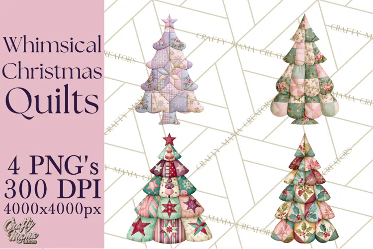 Whimsical Quilted Christmas Trees PNG, Bright Christmas