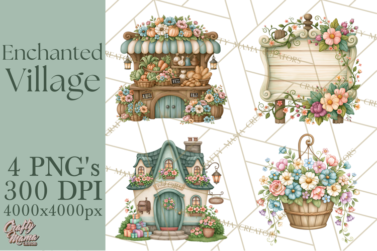 Enchanted Village Clipart PNG, Cozy Cottage Town