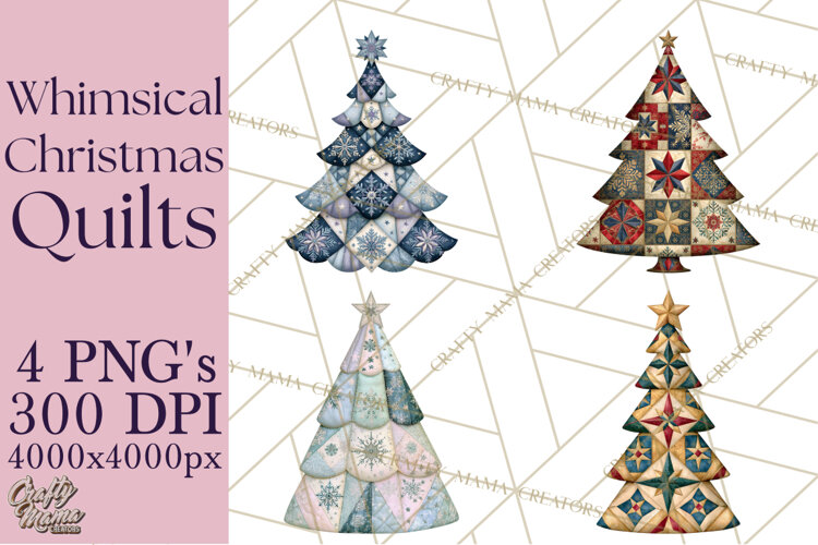 Whimsical Quilted Christmas Trees PNG, Bright Christmas example image 1